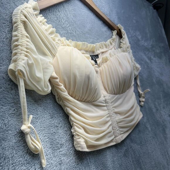 Babydoll Top Milkmaid Coquette Large Cream Off Shoulder Bustier Puff Sleeve Crop - Picture 3 of 11